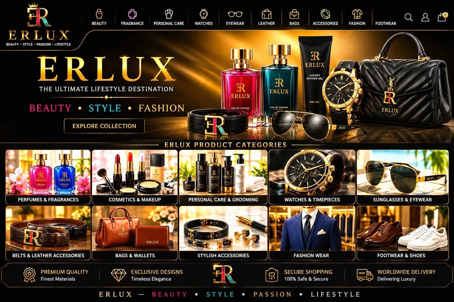 ERLUX luxury lifestyle collection and product categories
